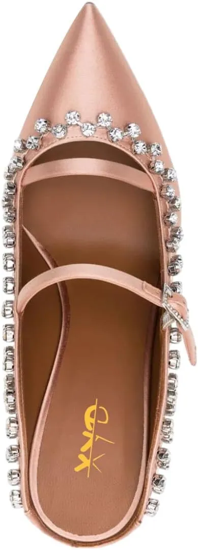 XYD Women's Satin Heeled Mules Stylish Pointed Toe Dual Straps Crystal Rhinestones Slip On Bridal Party Evening Sandals Shoes